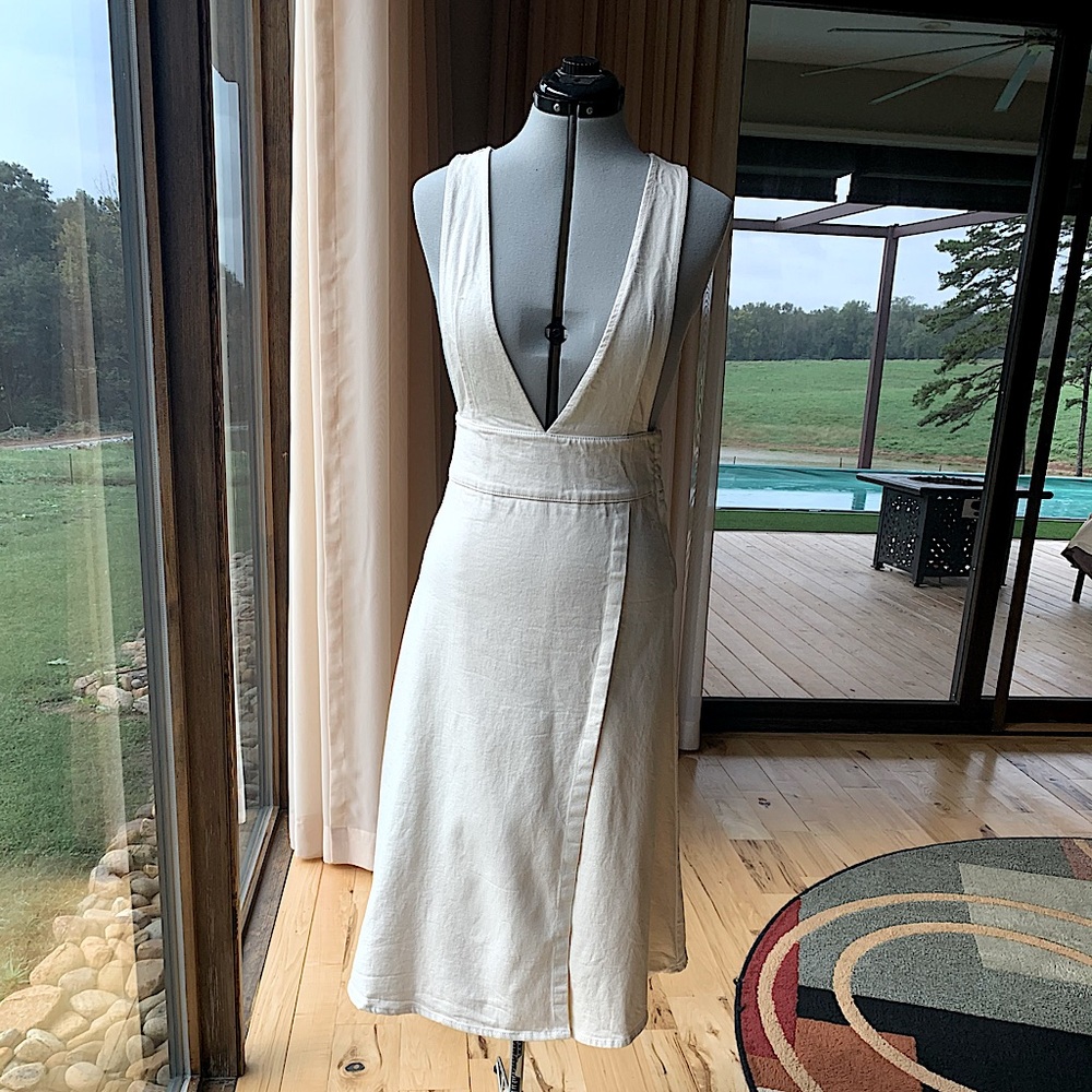 Zara Pinafore Dress size S  Ecru Cream Blogger Favorite stretch Cotton Denim